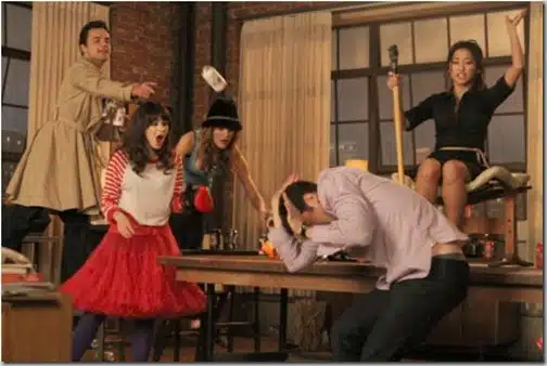 NEW GIRL:  L-R:  Nick (Jake Johnson), Jess (Zooey Deschanel), Holly (guest star Brooklyn Decker), Schmidt (Max Greenfield) and Daisy (guest star Brenda Song) play a heated game of "True American" in the "Cooler" episode of NEW GIRL airing Tuesday, Jan. 29 (9:00-9:30 PM ET/PT) on FOX.  ©2012 Fox Broadcasting Co.  Cr: Patrick McElhenney/FOX