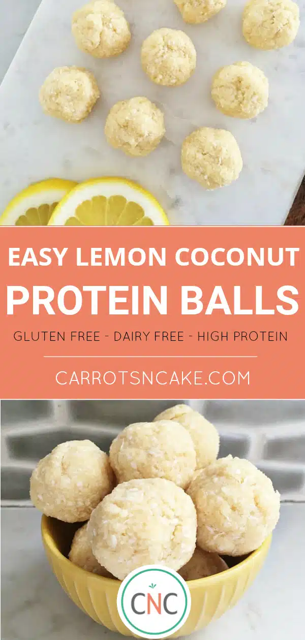 Easy lemon coconut protein balls; Gluten Free, Dairy Free, High Protein; carrotsncake.com; photo of lemon protein balls on baking sheet and finished in a bowl 