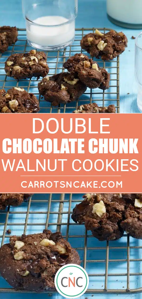 Double Chocolate Chunk Walnut Cookies on cooling racks