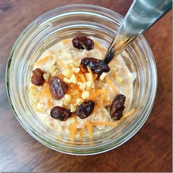 above shot of overnight carrot cake protein oatmeal with raisins
