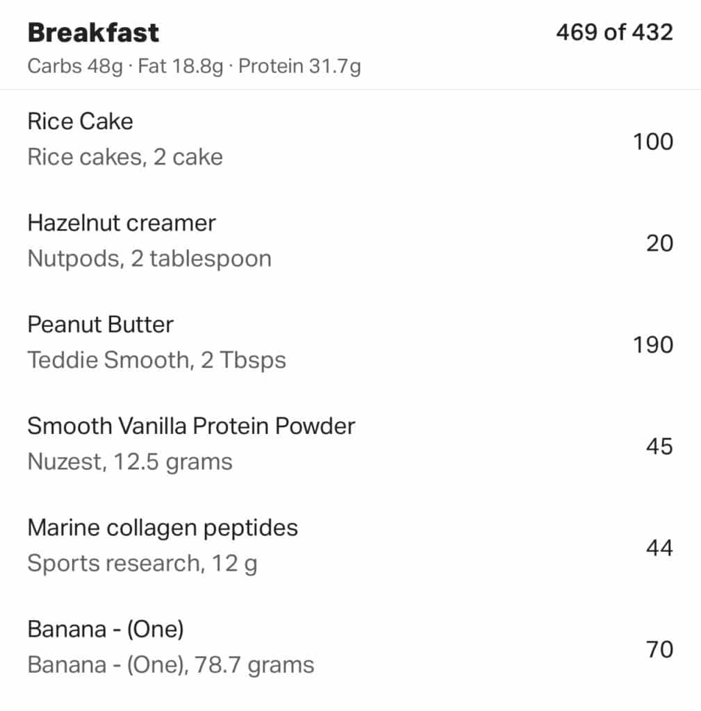 macro breakdown in MyFitnessPal for rice cakes with peanut butter and banana slices on top