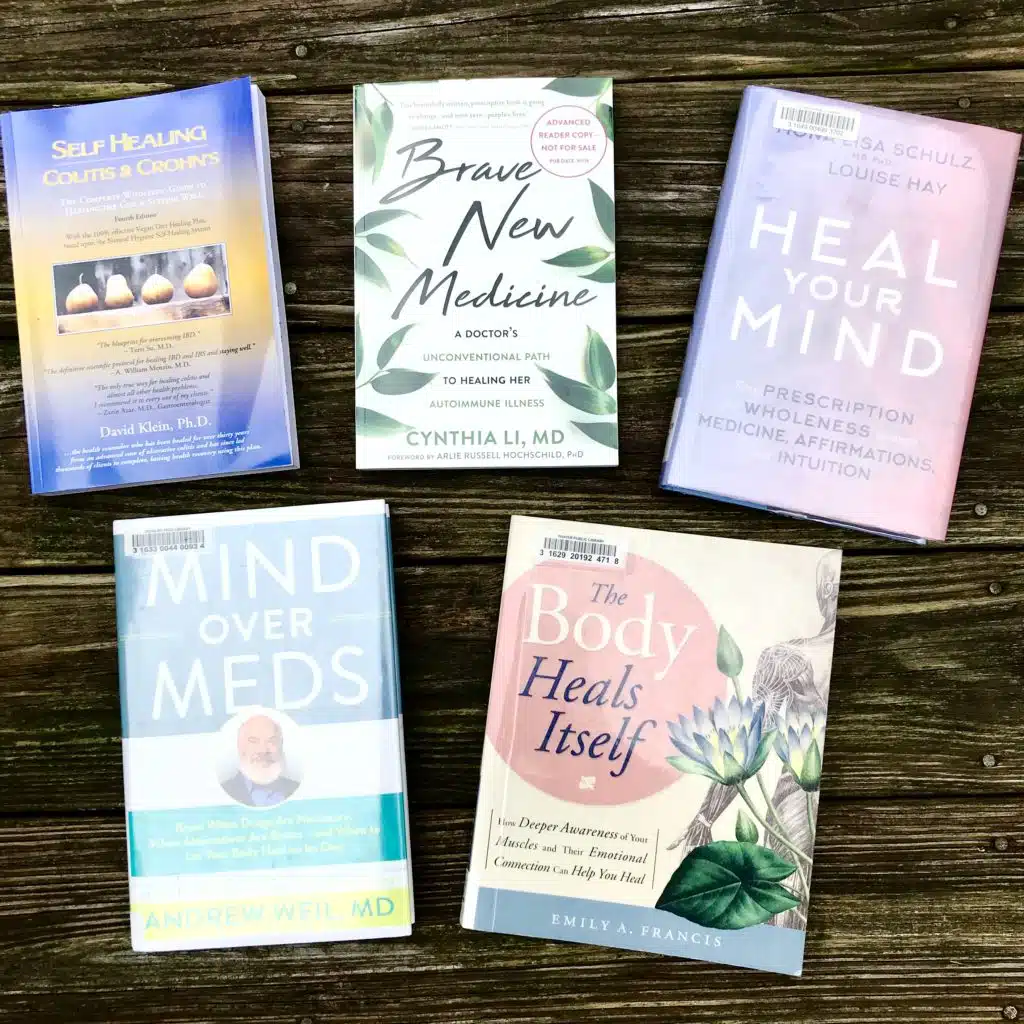 An overhead image of self-healing and mind-body books